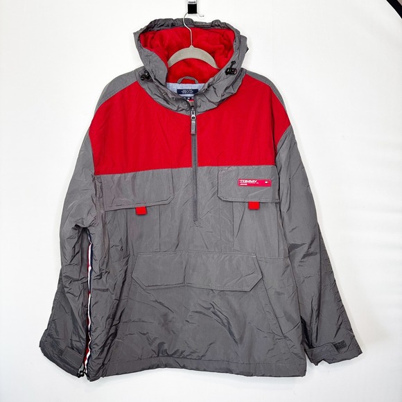Y2K Tommy Hilfiger Mens Pullover Anorak Jacket Hoodie Red Gray XXL Spellout - Picture 3 of 13
